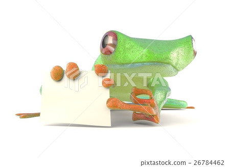 Green tree red eye frog with a blank sign pointing Green tree red eye frog with a blank sign pointing 26784462