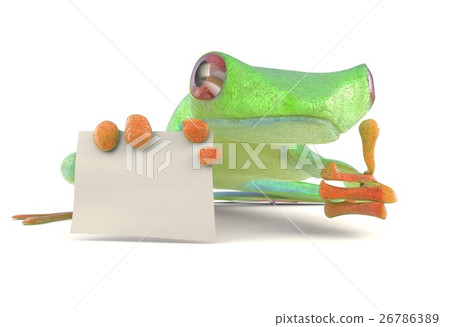Green tree red eye frog with a blank sign pointing Green tree red eye frog with a blank sign pointing 26786389