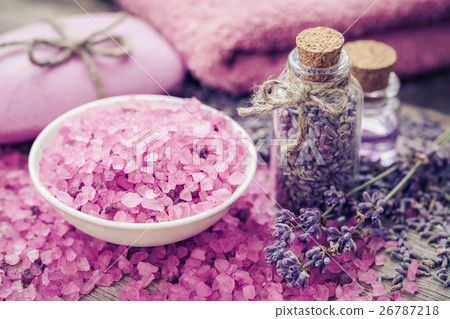 Aromatic sea salt, dry lavender and essential oil 26787218