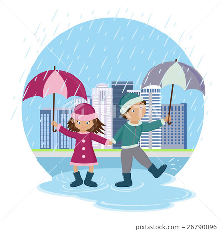 Children with umbrellas in the rain Children with umbrellas in the rain 26790096