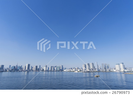 Tokyo urban landscape Tokyo Tower and the buildings in the center of the city Blue sky blue sky and blue bay ocean of Tokyo Bay Copy space 26790973