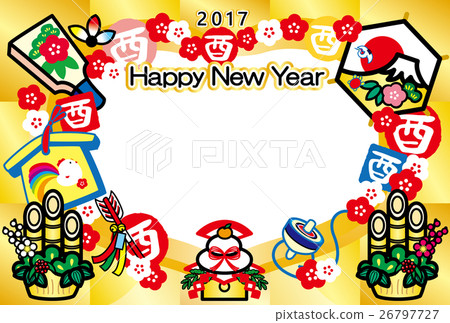 照片新年賀卡2017年鱒魚年Saigo Kagami年糕Kadomatsu富士山HappyNewYear金 26797727