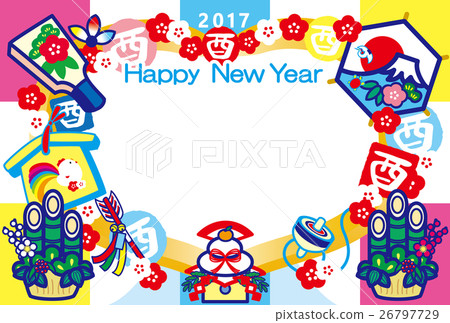 Photo frame New Year cards 2017 Trout Year Carefree Kagami Rice Hat Plate Kadomatsu Mt. Fuji HappyNewYear Colorful 26797729