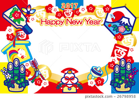 相框新年卡2017年鱒魚年無憂無慮的Kagami米帽子板Kadomatsu富士山HappyNewYear多彩 26798958