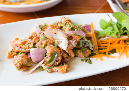 Spicy salmon salad and vegetable on white dish Spicy salmon salad and vegetable on white dish 26800970