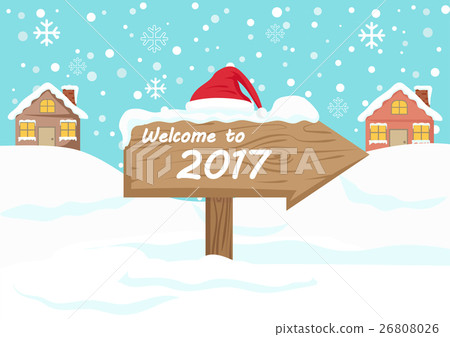 Happy New Year 2017 with wooden direction sign Happy New Year 2017 with wooden direction sign 26808026