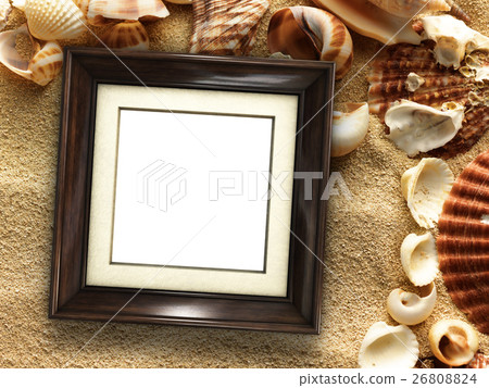 Picture frame on shells and sand background Picture frame on shells and sand background 26808824