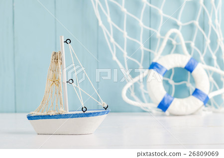 Antique sail boat Toy model, Nautical background 26809069