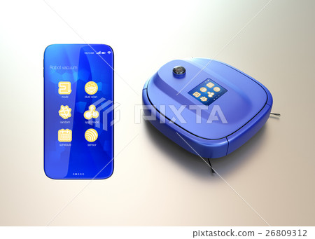 A smartphone equipped with a cleaning robot with a touch panel and a dedicated application. Smart appliance concept. A smartphone equipped with a cleaning robot with a touch panel and a dedicated application. Smart appliance concept. 26809312