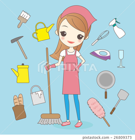 cartoon housewife do housework cleaning 26809373