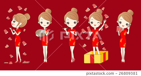 cartoon woman wear cheongsam 26809381