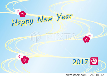 年卡新年賀卡2017明日紅白梅花流水圓形標誌HappyNewYear藍色漸變 26810164