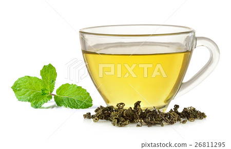 Glass cup of green tea and mint Glass cup of green tea and mint 26811295