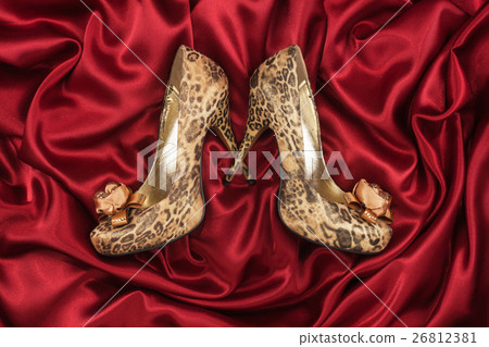 Leopard shoes lying on red silk 26812381