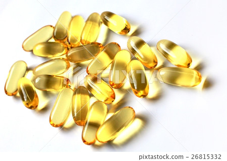 Fish oil capsules - pills with omega 3, vitamin E. 26815332