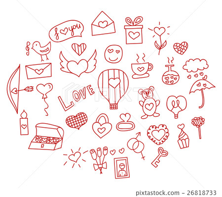 Hand drawn love and hearts doodles icon set Hand drawn love and hearts doodles icon set 26818733