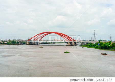 Landscape of river and red bridge. 26819482