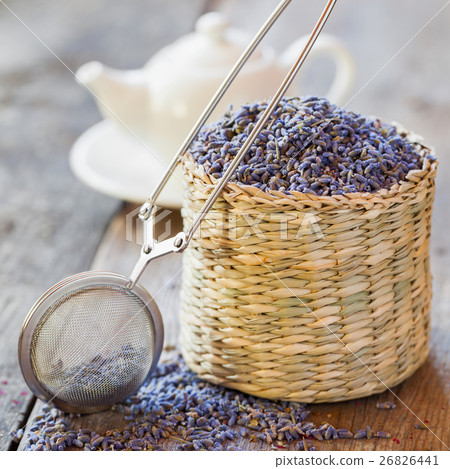Lavender tea in basket, tea infuser and teapot Lavender tea in basket, tea infuser and teapot 26826441