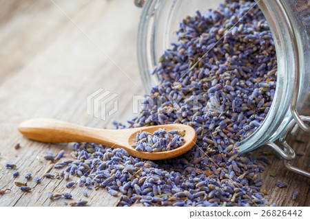 Dry lavender tea closeup. Selective focus. Dry lavender tea closeup. Selective focus. 26826442