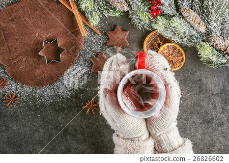 christmas baking gingerbread with cup od tea christmas baking gingerbread with cup od tea 26826602