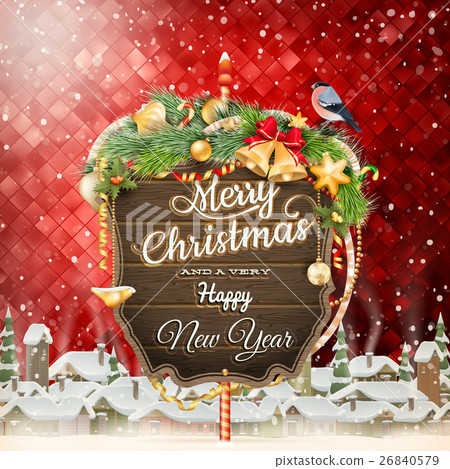 Wooden banner with Christmas Fir-tree branches. Wooden banner with Christmas Fir-tree branches. 26840579