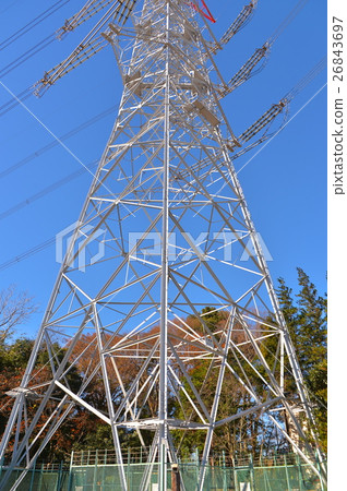 鋼塔高壓線背景藍天照片框架從下面 鋼塔高壓線背景藍天照片框架從下面 26843697