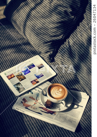 Coffee Americano Espresso Newspaper Couch Brownie Digital Tablet 26847134