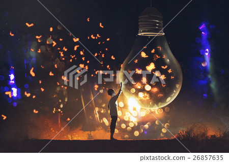 man and big bulb with glowing butterflies inside man and big bulb with glowing butterflies inside 26857635