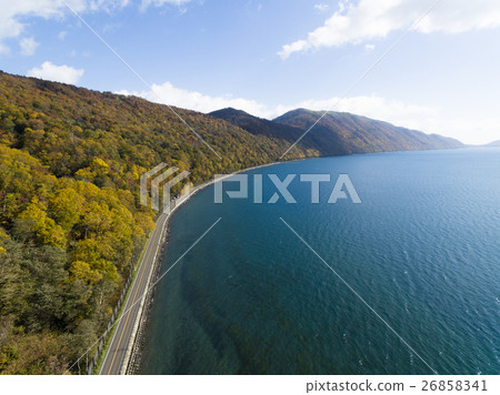 Lake Shikotsu lake in autumn (aerial photograph) 26858341
