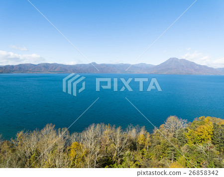 Lake Shikotsu lake in autumn (aerial photograph) 26858342