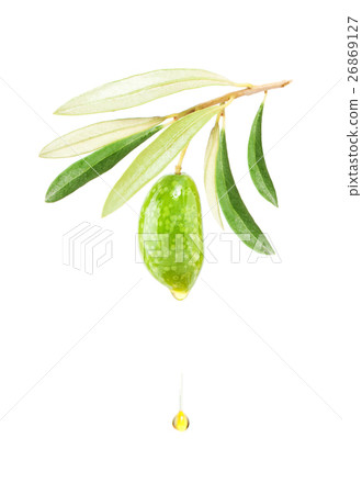 Green Olive and Falling Drop of Olive Oil Isolated 26869127