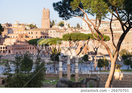 view of ancient Roman forums and road in Rome 26870701