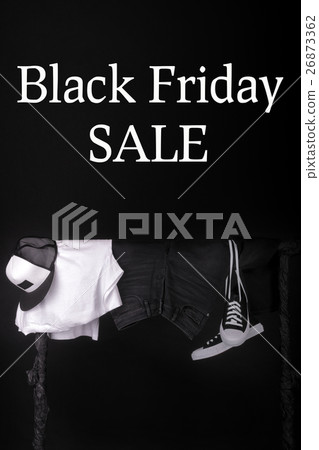 Hanging clothing. Black and white sneakers, cap Hanging clothing. Black and white sneakers, cap 26873362