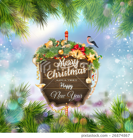 Wooden banner with Christmas Fir-tree branches. Wooden banner with Christmas Fir-tree branches. 26874867