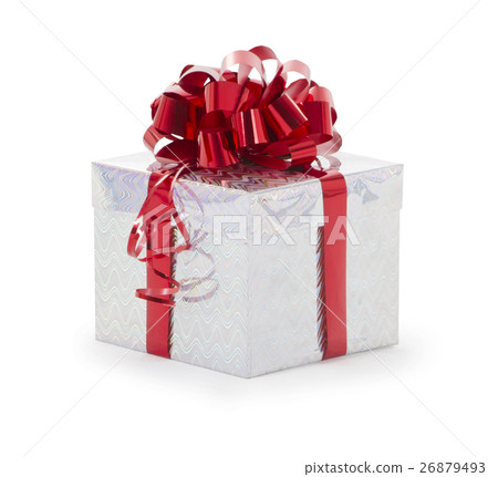 Single silver gift box with red ribbon on white 26879493