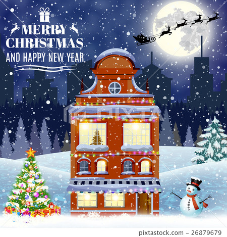 merry christmas night illustration city houses merry christmas night illustration city houses 26879679