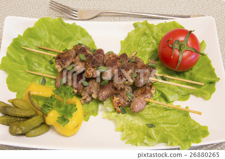 Chicken hearts on skewers with vegetables Chicken hearts on skewers with vegetables 26880265