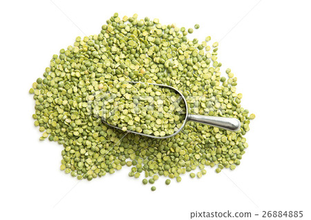 Green split peas in metal scoop. 26884885
