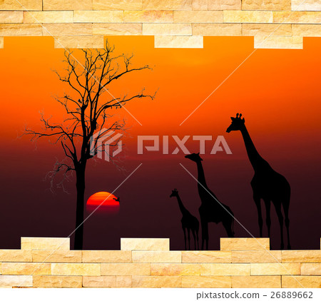 Brick wall with silhouettes of safari theme Brick wall with silhouettes of safari theme 26889662