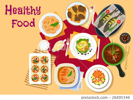 Meat and fish dinner with cookie dessert icon Meat and fish dinner with cookie dessert icon 26895346