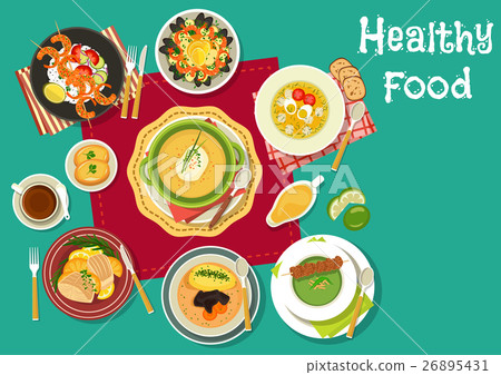 Dinner with soups and seafood dishes icon Dinner with soups and seafood dishes icon 26895431