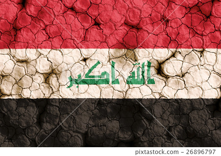 乾裂土壤上的伊拉克國旗特寫紋理背景（高分辨率 3D CG 渲染∕著色插圖）飢荒乾旱自然災害 26896797