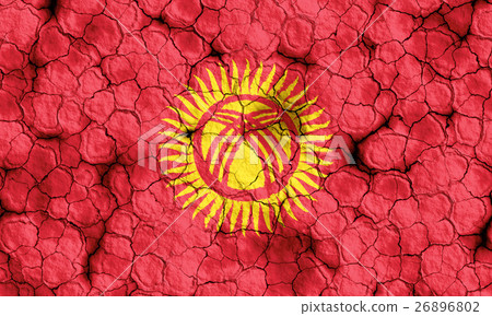 Kyrgyz flag closeup texture background on dry cracked soil (high resolution 3D CG rendering ∕ coloring illustration) famine drought natural disaster 26896802