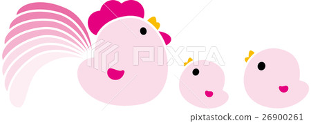 雞父母和孩子三隻鳥雄雞年小雞粉紅色 26900261