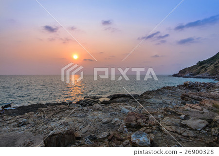 Long exposure shot. Sea scape with stone beach Long exposure shot. Sea scape with stone beach 26900328