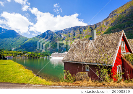 Cottage against cruise ship in fjord, Flam,Norway Cottage against cruise ship in fjord, Flam,Norway 26900839