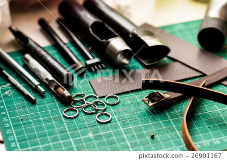 Working space background with leather camera strap Working space background with leather camera strap 26901167