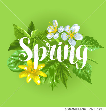 Spring green leaves and flowers. Card with plants - Stock Illustration ...