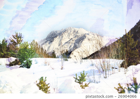 Fantastic mountain landscape with top watercolor Fantastic mountain landscape with top watercolor 26904066