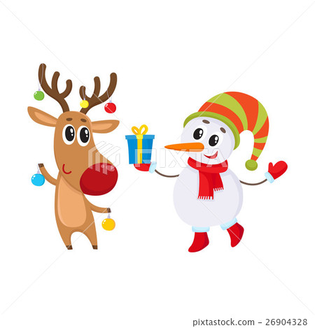 Dnowman in hat and mittens with Christmas reindeer 26904328